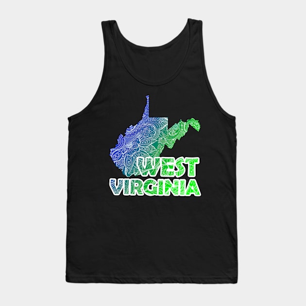 Colorful mandala art map of West Virginia with text in blue and green Tank Top by Happy Citizen